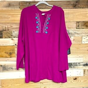 Woman Within size 3X (30/32) hot pink floral stitching Henley waffle knit top